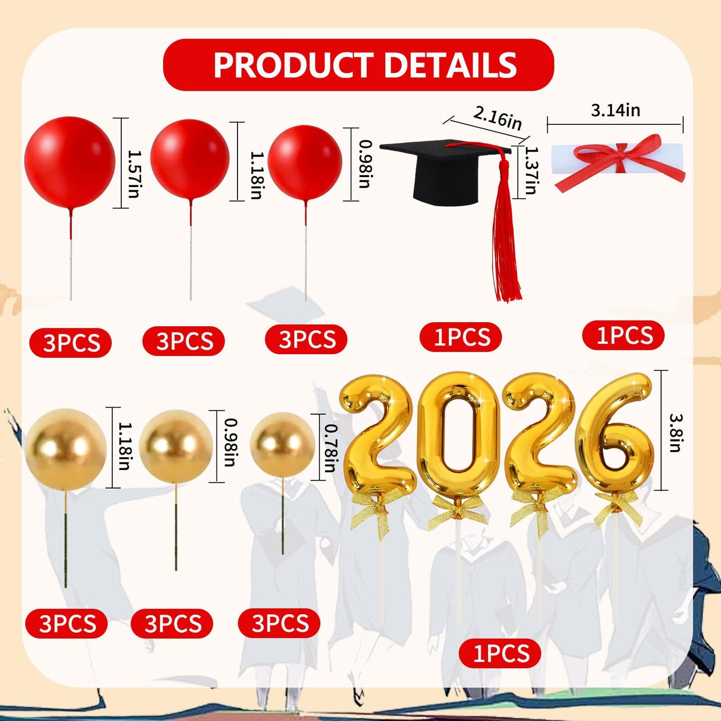 BEISHIDA Graduation Cake Toppers - 2026 Graduation Cupcake Congrats Grad Cake Decorations with Cap Diploma Balls for 2026 High School College Party Supplies（Red Gold）