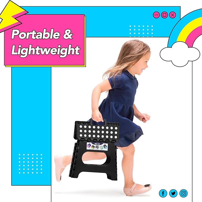 Delxo Folding Step Stool 11 Inch 2 Pack, Black Non-Slip Foldable Stools for Kids & Adults Up to 300 LBS, Step Stool with Handle, Lightweight for Kitchen/Bathroom/Bedroom/Garden