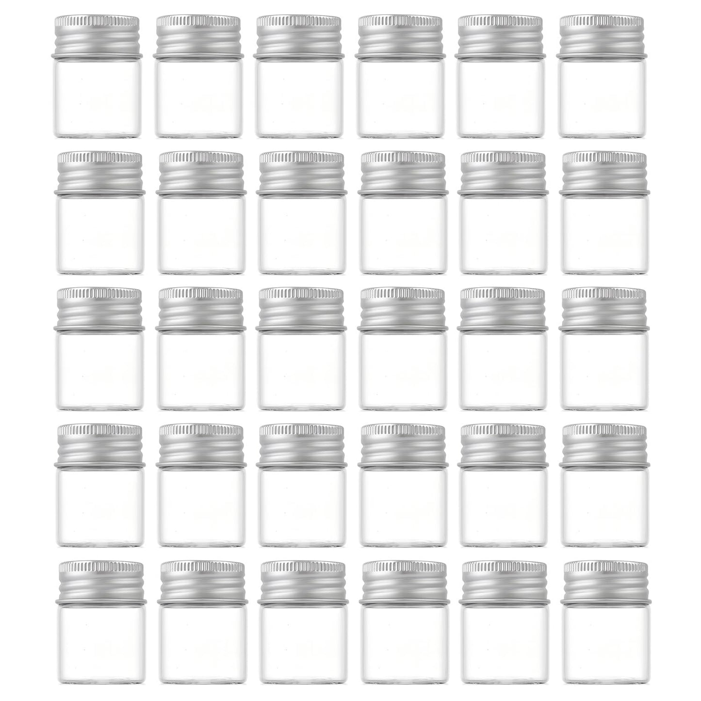 ROHIJALE 30 Pack 15ml/0.5Oz Clear Glass Jars with Aluminum Screw Lids Small Refillable Bottles Leakproof Empty Mini Containers for Samples, Spices, Beads, Cosmetics, DIY Crafts (4cm x 3cm)