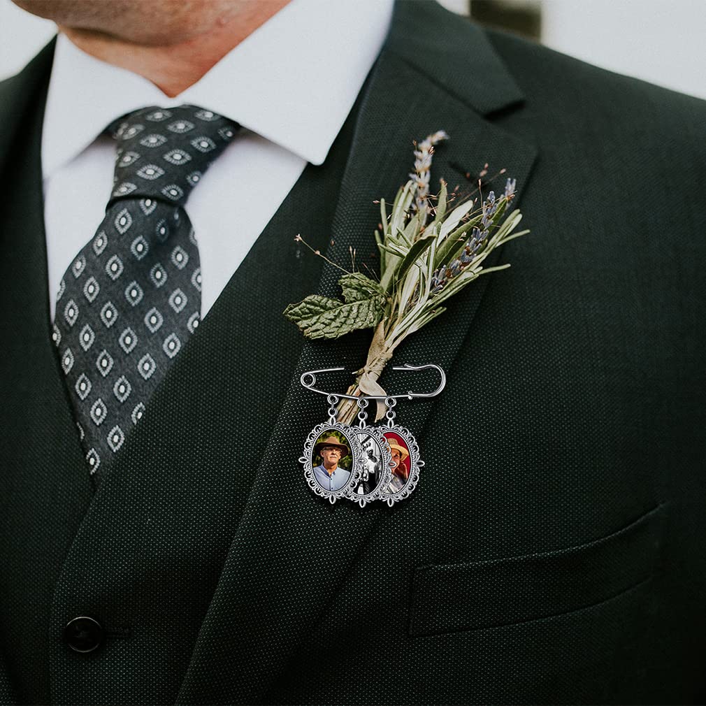 Custom4U Memory Charms for Wedding Bouquet Customized with 3 Pictures Custom Photo Brooch Pins Funeral Boutonniere Oval Shaped Charm Memorial Jewelry