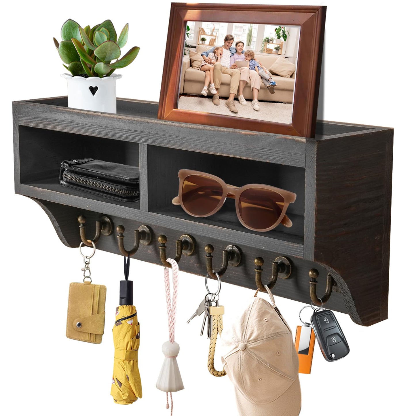 Key Holder Wall Mount - Mail Organizer Wall Mount with 6 Key Hooks and Storage Box for Sunglasses Storage and Dog Leash Holder Home Decor Rack Apartment Farmhouse Shelf Entryway Organizer (Black)