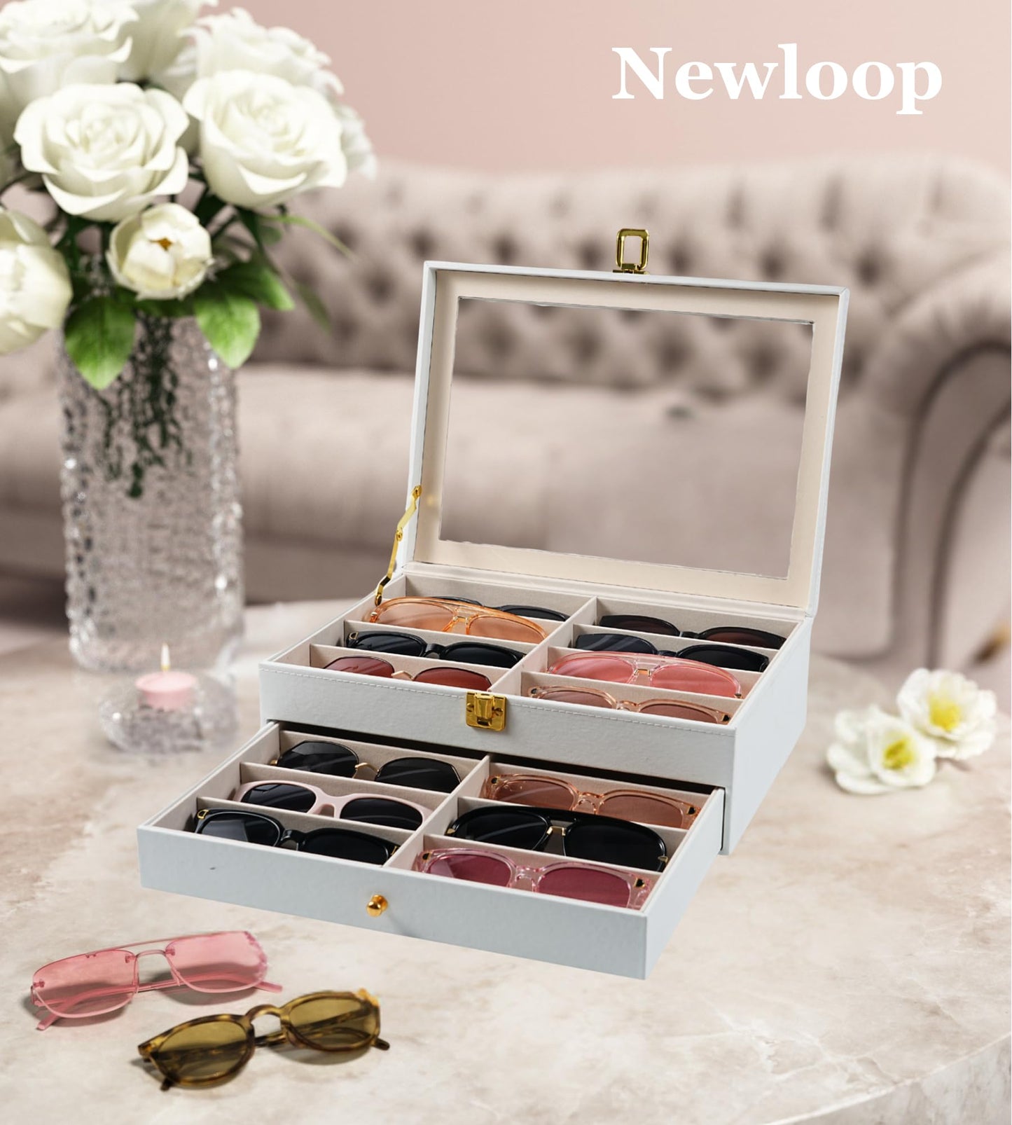 NEWLOOP Sunglasses Organizer Display Case - Sunglass Organizer for Women Men See-through Display Case Multiple Pairs Glasses Holder Stand 2-layer Eyeglass Collection Box with 16 Slots White