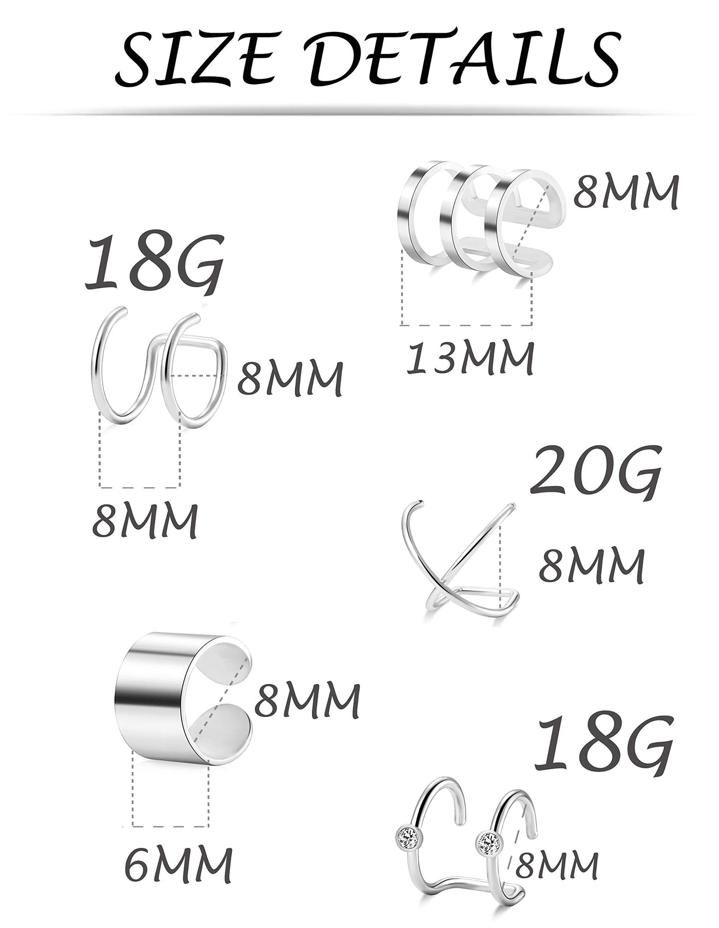 Tornito 4-10 Pairs Stainless Steel Ear Cuff Helix Cartilage Clip On Wrap Earrings Fake Nose Ring Non-Piercing Adjustable (A3: 10 Pairs)