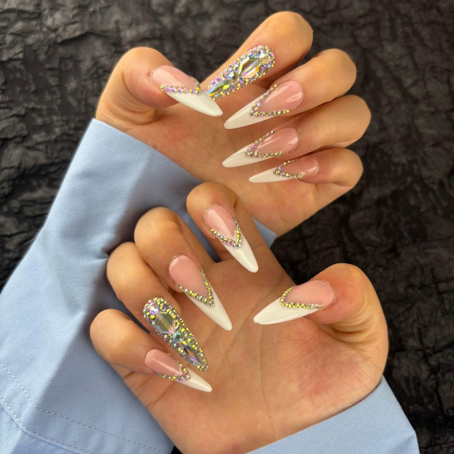 Yabonica French Tip Press On Nails Long Stiletto,10 Pcs Handmade Acrylic Fake Nails Press Ons Salon Design Stick On Nails,Luxury UV Gel Glue On False Nails with 3D Rhinestone 039L)