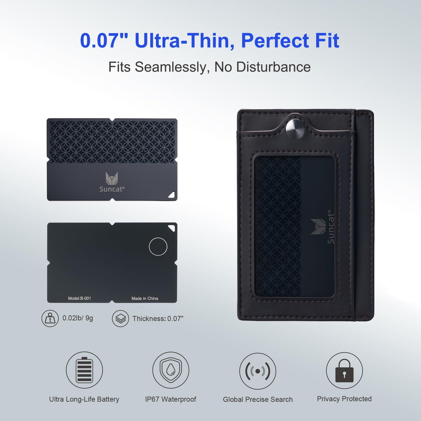 Suncat Wallet Tracker Card with Slim RFID Blocking Wallet, Apple MFi Certified (iOS Only), Waterproof Bluetooth Finder for Keys, Bags, Passport, Compatible with Apple Find My, Gifts for Men Women