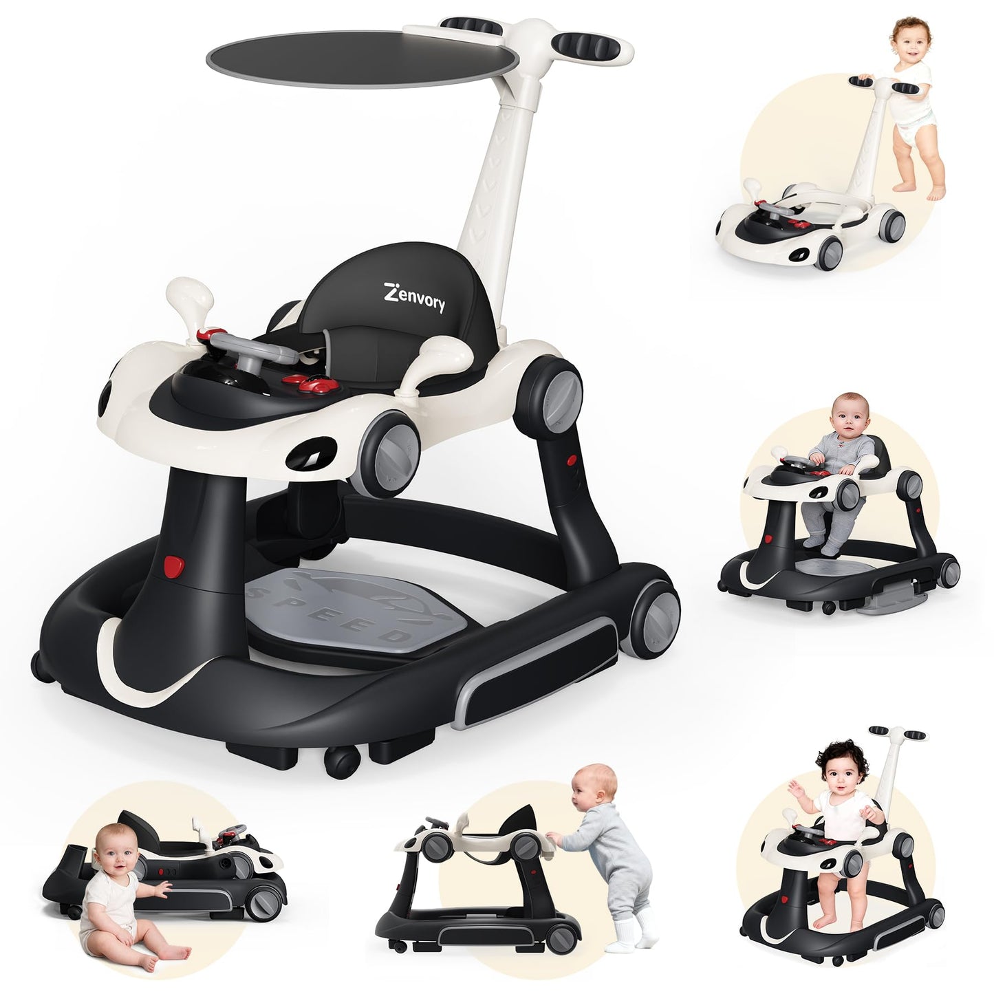 6 in 1 Foldable Baby Walker, Activity Baby Walker-Baby Bouncer, Rocker, Activity Center,Push Walker,Detachable Trampoline Mat, Adjustable Speed Rear Wheels and Height,Music & Lights,Ages 6-18 Months