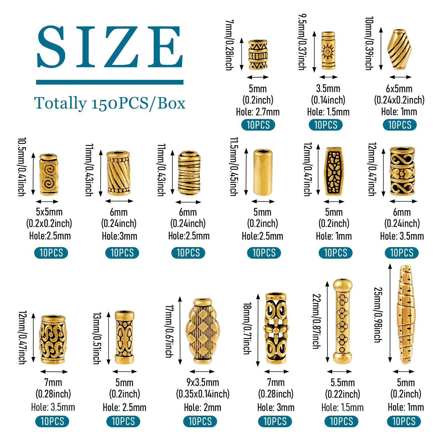 Craftdady 150Pcs Antique Gold Tube Bar Spacer Beads Tibetan Metal Column Barrel Drum Beads for Jewelry Crafts Making Hole:1-3.5mm