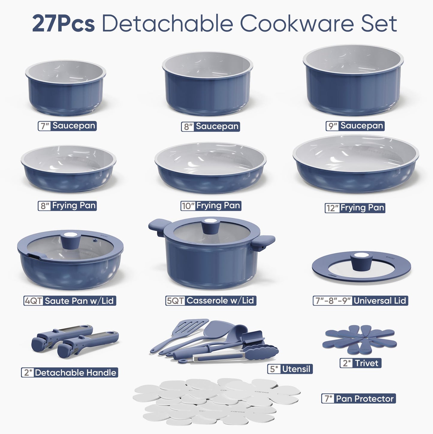 CAROTE 27pcs Ceramic Cookware Set Nonstick, Pots and Pans Set Non Stick, Non Toxic Cookware Detachable Handles, Dishwasher/Oven Safe, RV/Camping Cookware with Kitchen Utensils, Mothers Day Gifts
