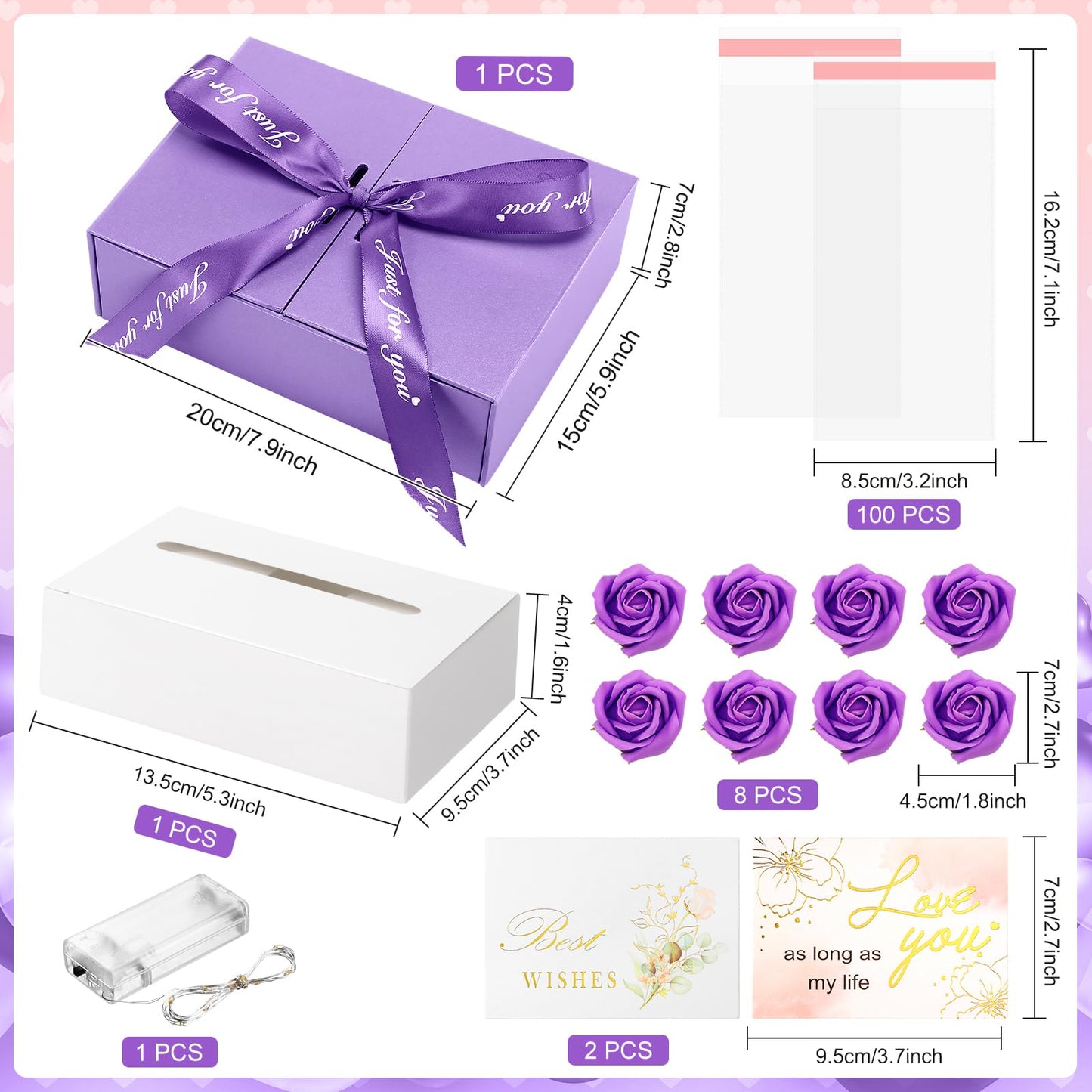 Resholder Money Pull Box for Cash Gift Mother's Day Money Pull out Gifts with 8 Rose 2 Greeting Card 1 Light String for Mom Husband Wife Birthday Anniversary Christmas(Purple)