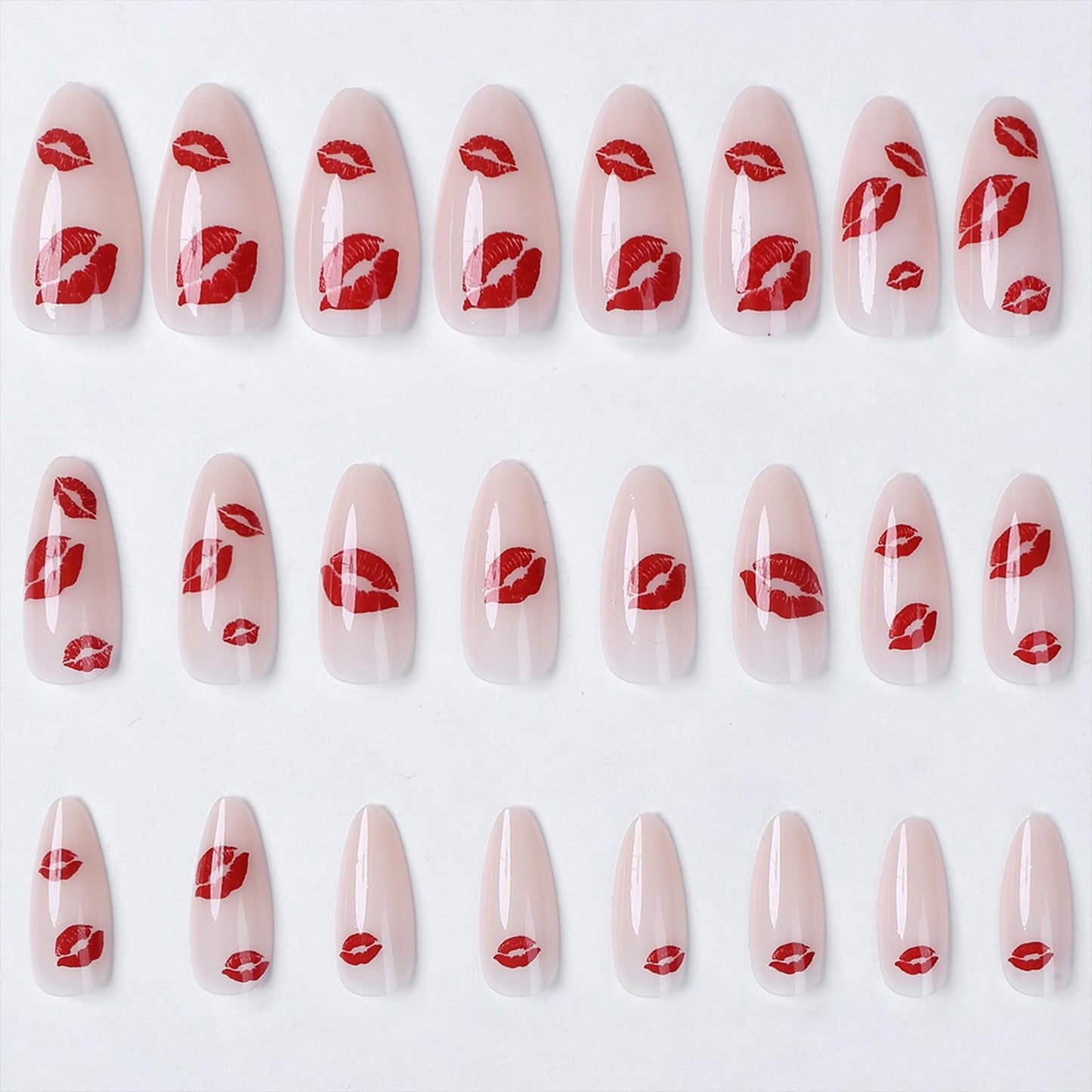 SINHOT Press on Nails - Medium Almond Fake Nails, Glossy Finish, Red Lips & Pink Gradient, DIY Artificial False Nail Art - 24 Pcs Nail Kit with Glue
