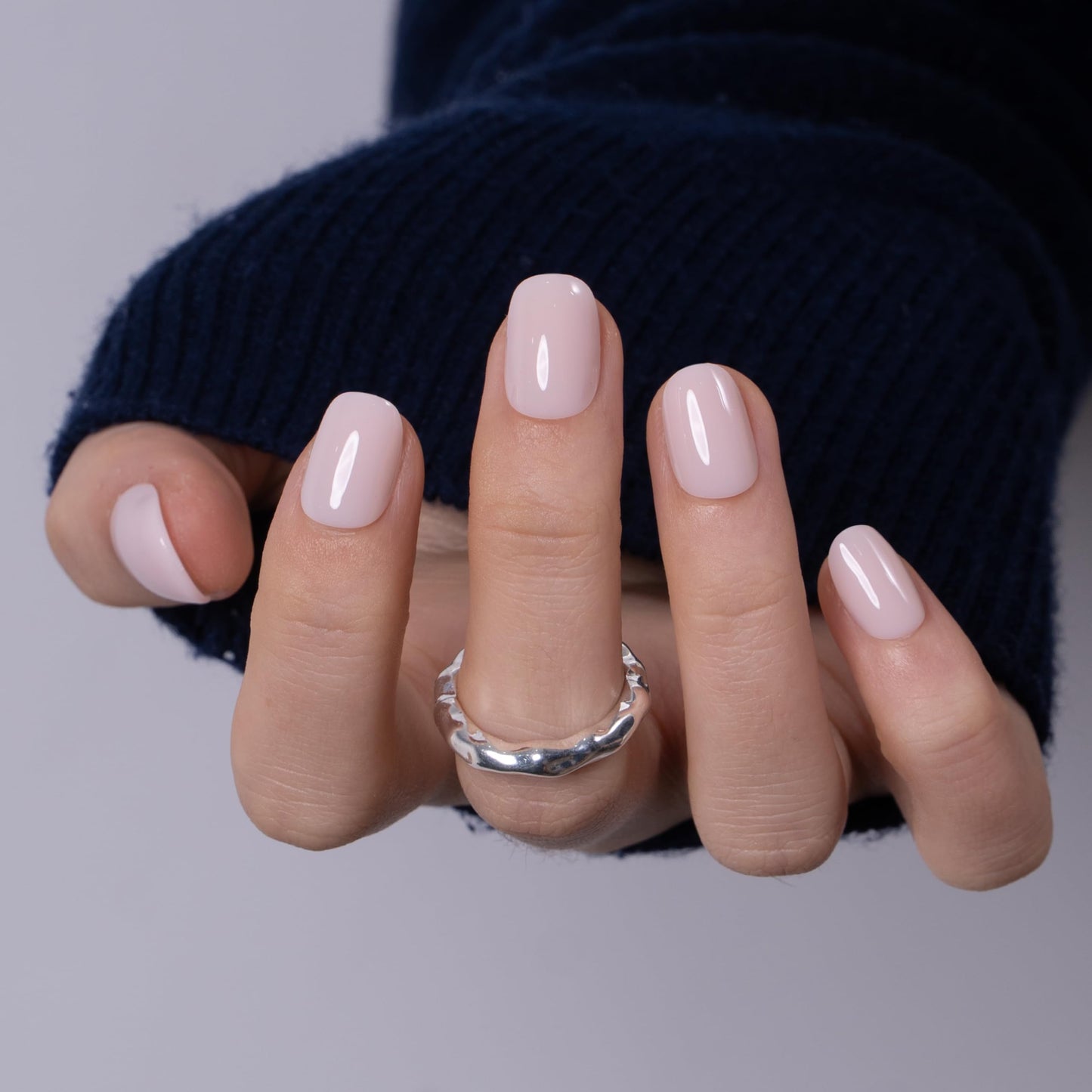 Curvlife Press on Nails Milky White Short Square Acrylic Fake Nails with Apricot Design Full Cover Glossy Nude Glue on Nails Artificial for Women 30Pcs