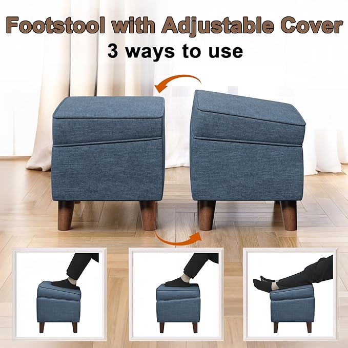 Storage Ottomans with Adjustable Cover, BOGO, Soft Step Stool, Footrest and Seat, Ottoman Foot Rest Set for Living Room, Bedroom, Dorm, Blue