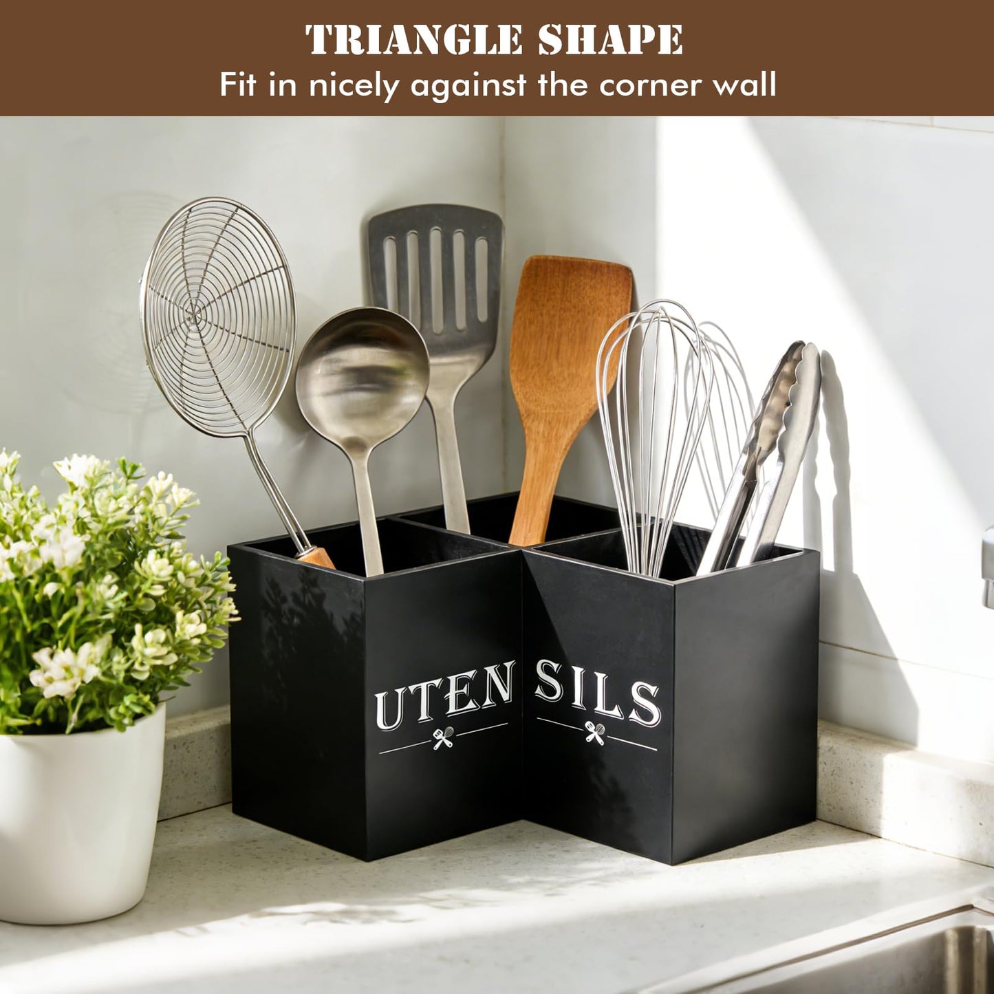 Himake Large kitchen Utensil Holder, Wooden Utensil Organizer for Kitchen Countertop, Spatula and Spoon Cooking Holder with 3 Compartments, Black