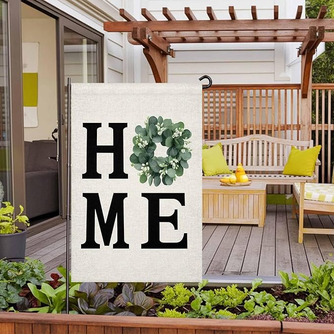 Home Green Eucalyptus Leaves Garland Garden Flags 12x18 Inch Double Sided Welcome Yard Flags for Outdoor Decor Retro Linen Yard Outside Seasonal Decoration