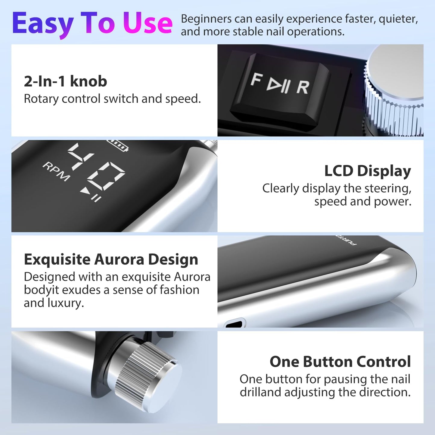 PURTATO Professional Nail Drill 40,000 RPM, Rechargeable,LCD Display E File Machine for Acrylic Nails Gel Polishing Removing Portable Nails Efile Tools for Manicure Salon & Home (Silver)
