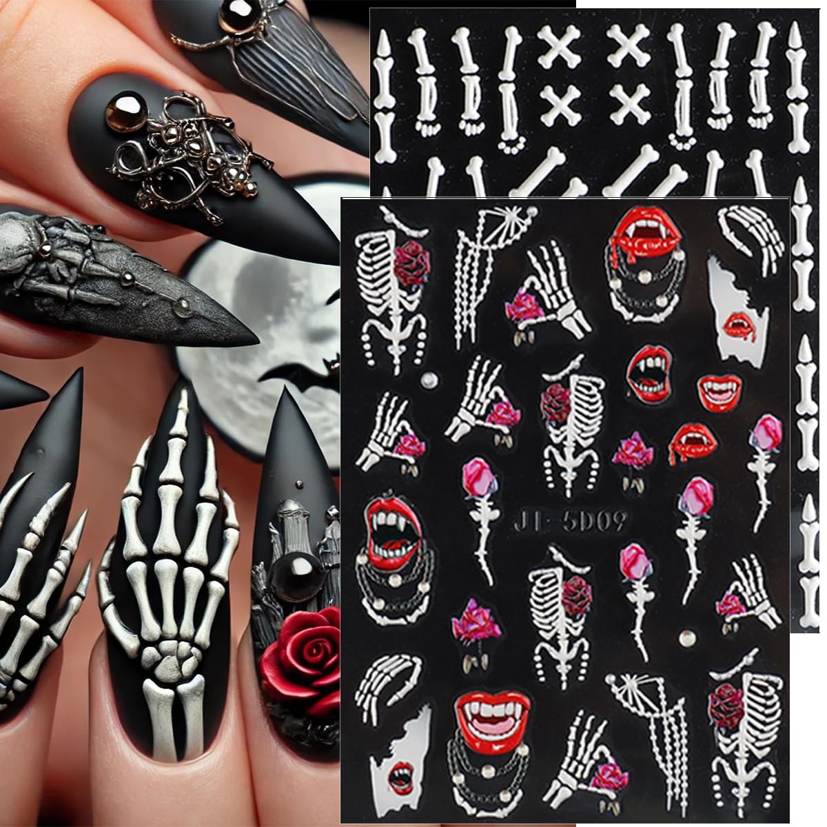 8Sheets Halloween Nail Stickers for Nail Art 5D Embossed Skull Ghost Nail Decals Self-Adhesive Pumpkin Spider Bat Eyes Skeleton Designs Horror Goth Nail Art Stickers for Women DIY Manicure Decoration