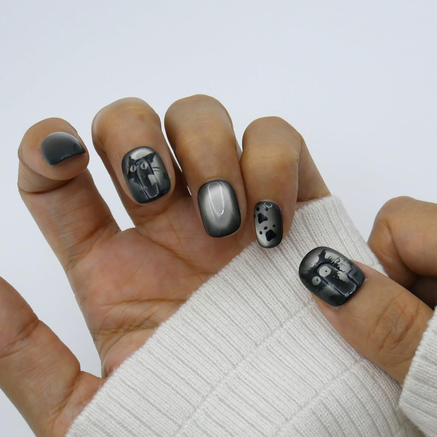 S-Size_Press-On Nails, Short Square Black and Grey with Cat Design, Subtle Office Style