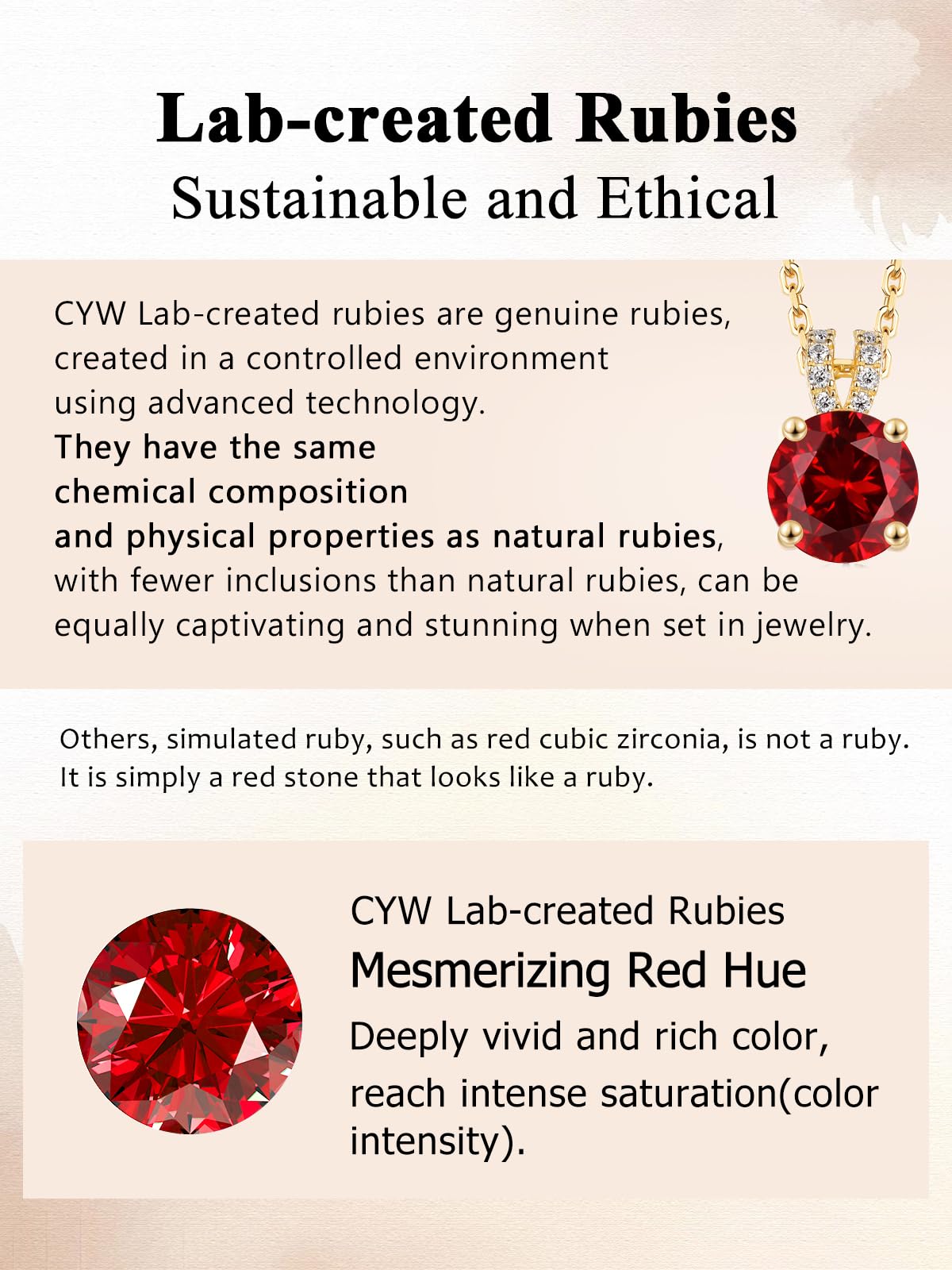 CYW 1 Carat Red Ruby Small Gold Round Necklace for Women 925 Sterling Silver Solitaire Pendant Necklace