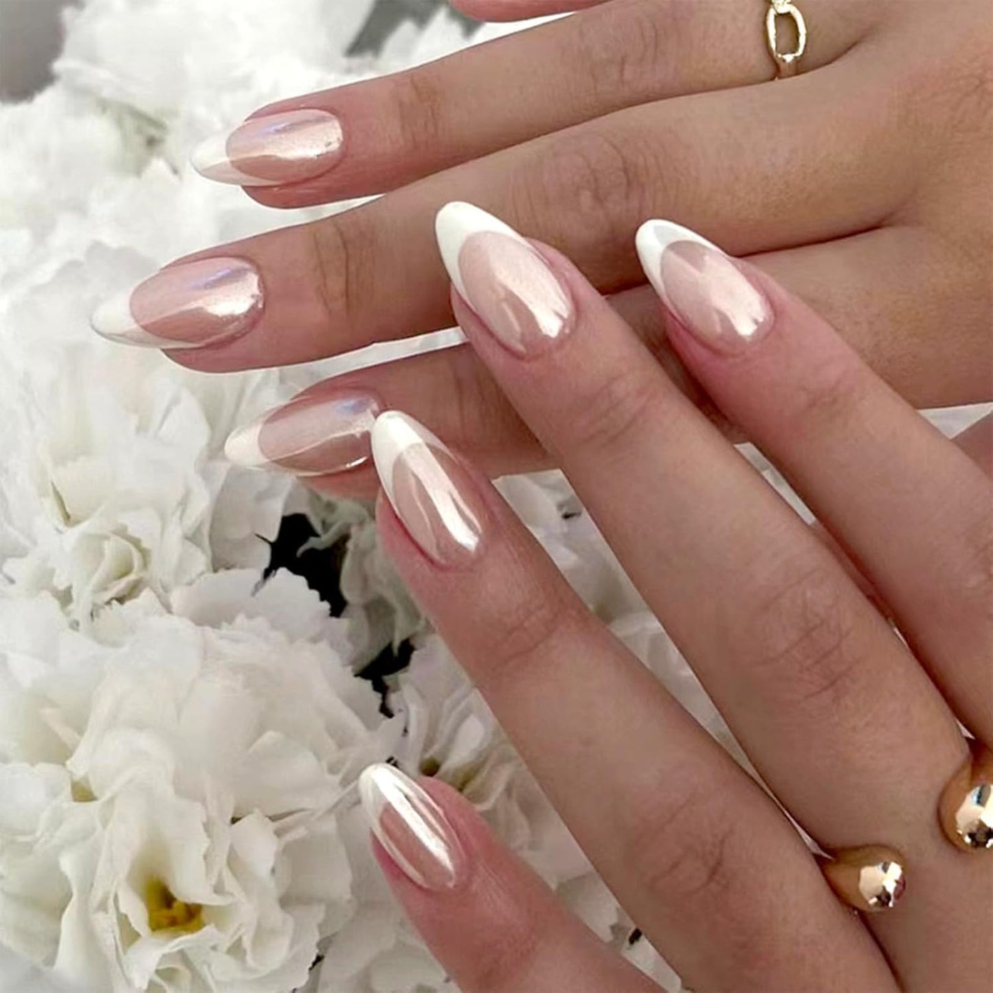 French Tip Press on Nails Medium Almond Fake Nails Press ons with Designs Chrome False Nails Glossy Full Cover Glue on Nails Shiny Acrylic Stick on Nail for Women Nail Decoration 24Pcs