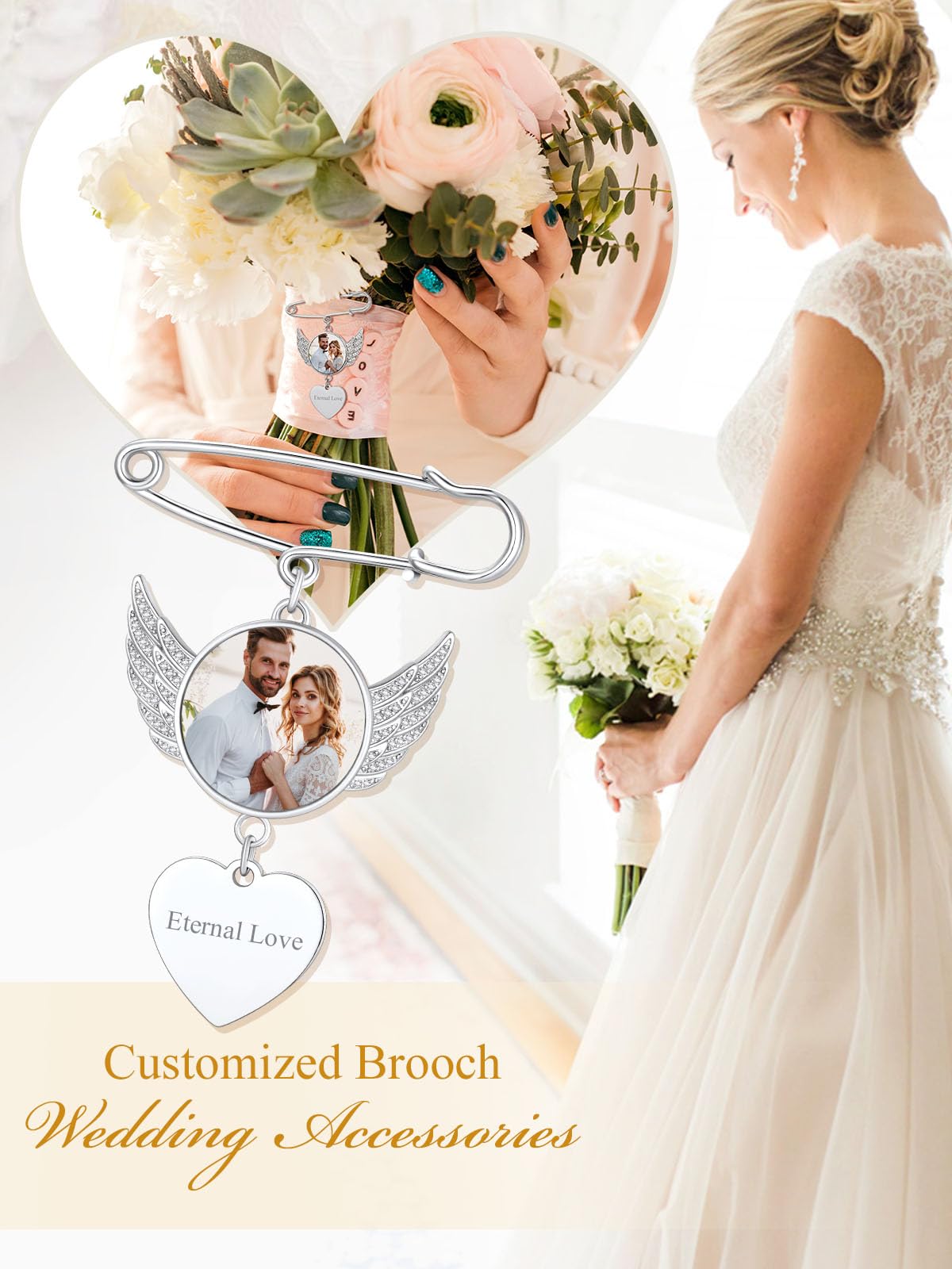 Custom4U Wedding Flower Charms Photo Customize Heart Shaped with CZs for Graduation Funeral