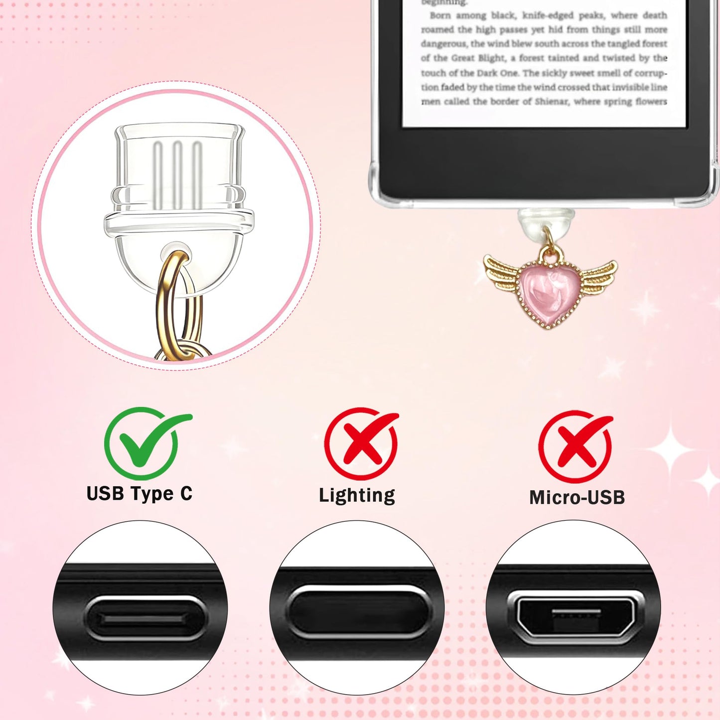 YesMvpMvp 499 Pcs Kindle Accessories,Charm Chain Making Kit for Kindle E-Reader,Charm DIY Craft Supplies,Makes 10 E-Reader Charms and 10 Type-C Dust Plug(Pink)