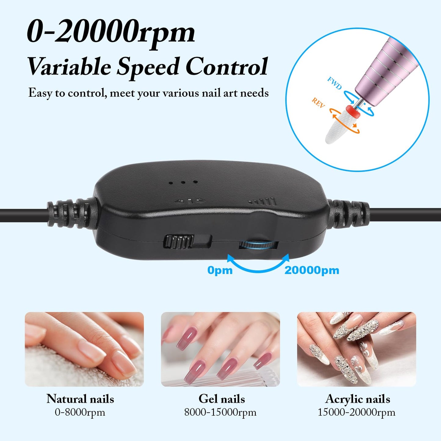 QPVZX Electric Nail Drill for Acrylic and Gel Nails, Low Vibration Ultra Quiet Portable E File Machine for Home Manicure and Pedicure, Nail Kit with Bits and Sanding Bands(Pink Set)