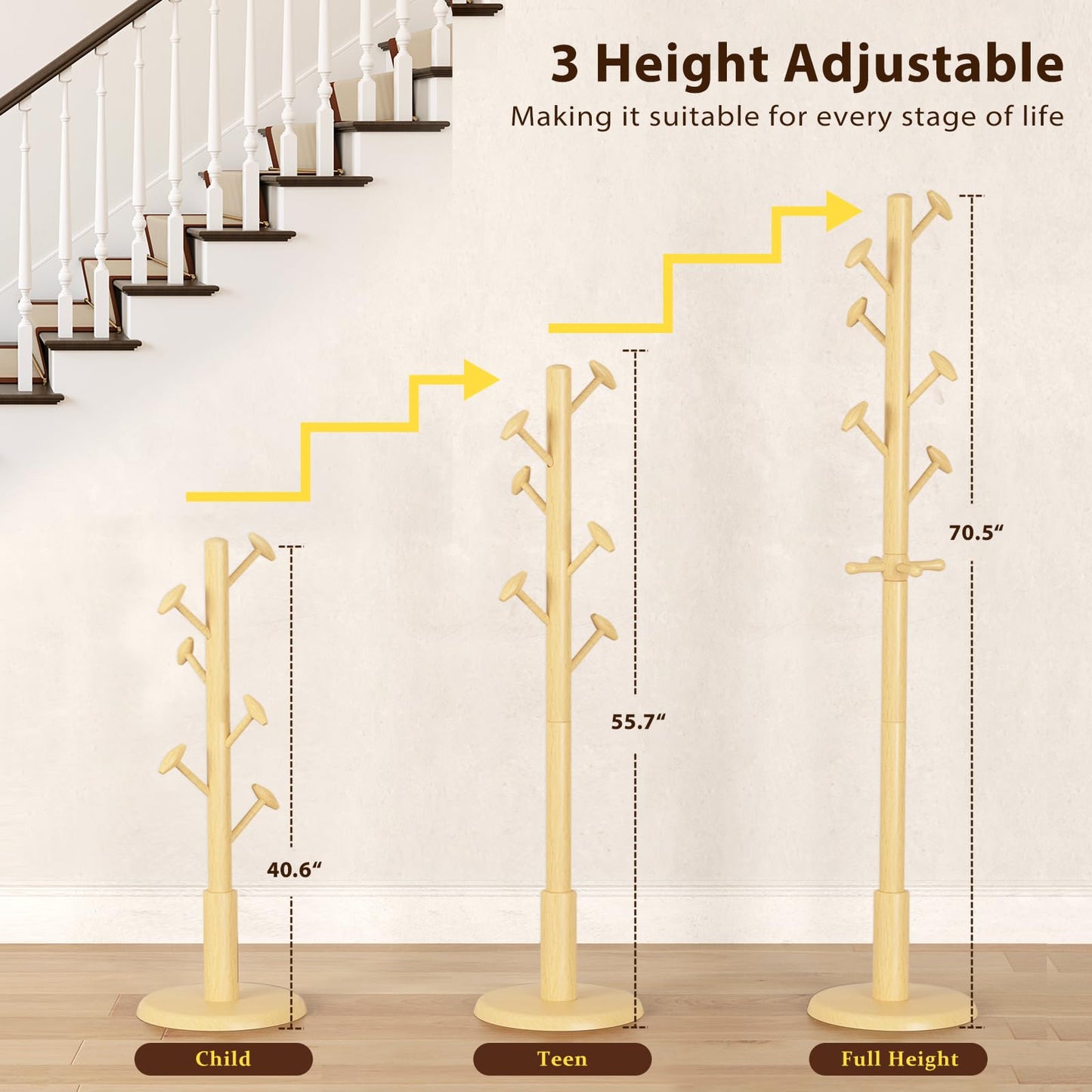 Taitiy Solid Wood Coat Rack Freestanding Coat Tree with 10 Hooks for Bedroom, Livingroom, Entryway, Sturdy Coat Hanger Stand for Hats, Coats, Scarves, Handbags, Purses