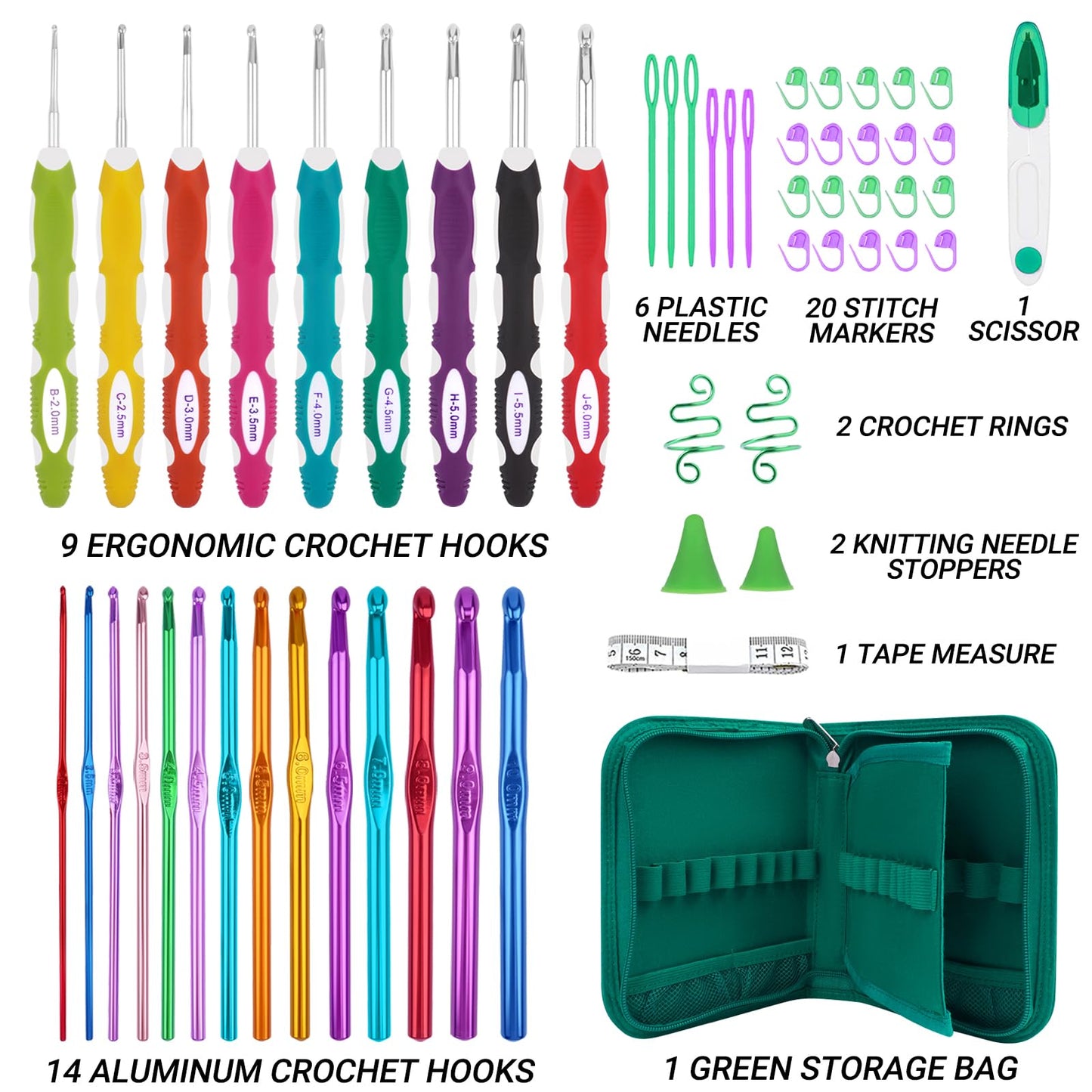 Hobekoee 23 Sizes Crochet Hooks Set with Case,2mm-10mm Ergonomic Crochet Needles for Arthritic Hands,Complete Crochet Kit for Beginners and Experiencer