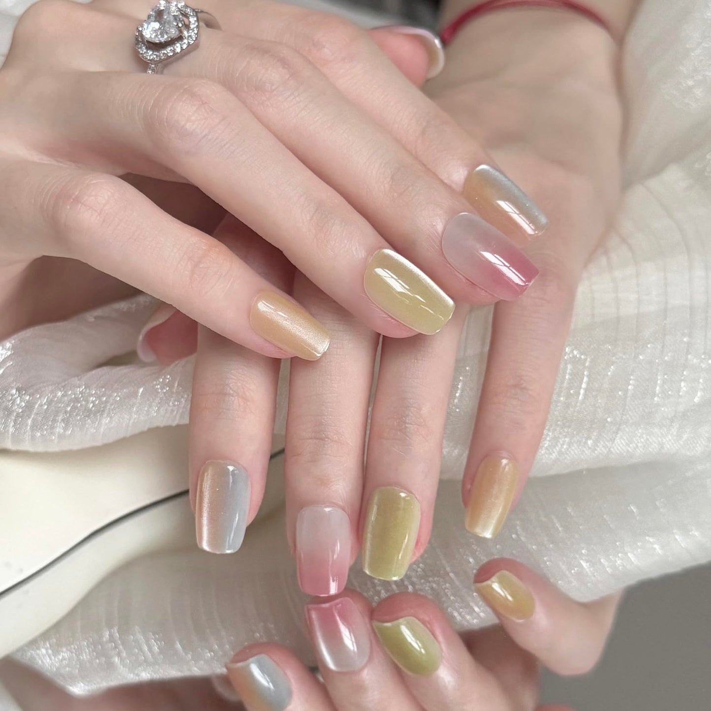 30 Pcs Cat Eye Press on Nails Short Rainbow Press on Nails Summer Nails Rainbow Nails Colorful Press on Nails Short Fake Nails for Young Girls