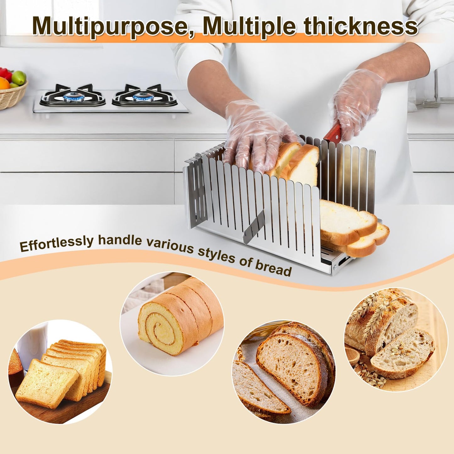 MOBBYKO Stainless steel Bread Slicer for Homemade Bread,Adjustable Width,Foldable Compact,Bread Slicing Guide,Bread Loaf Slicer,for Cakes,Bagels,slice is 0.5",Bread width: 5.5"-8.3"(Silvers)
