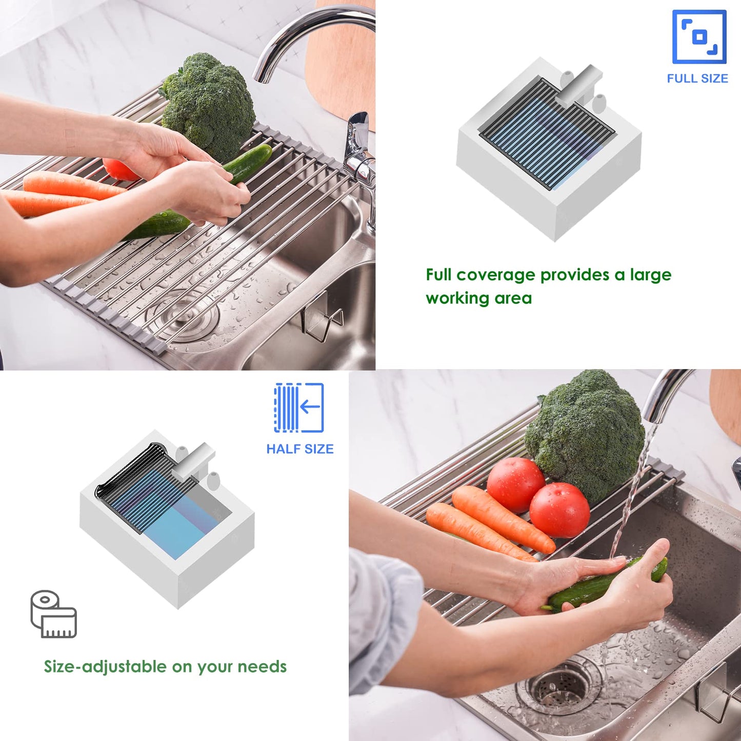 Tomorotec Roll Up Dish Drying Rack, Over The Sink Dish Drying Rack, Portable Stainless Steel Rolling Rack Multipurpose Kitchen Drainer Caddy Organizer Storage Shelf Holder, Gray