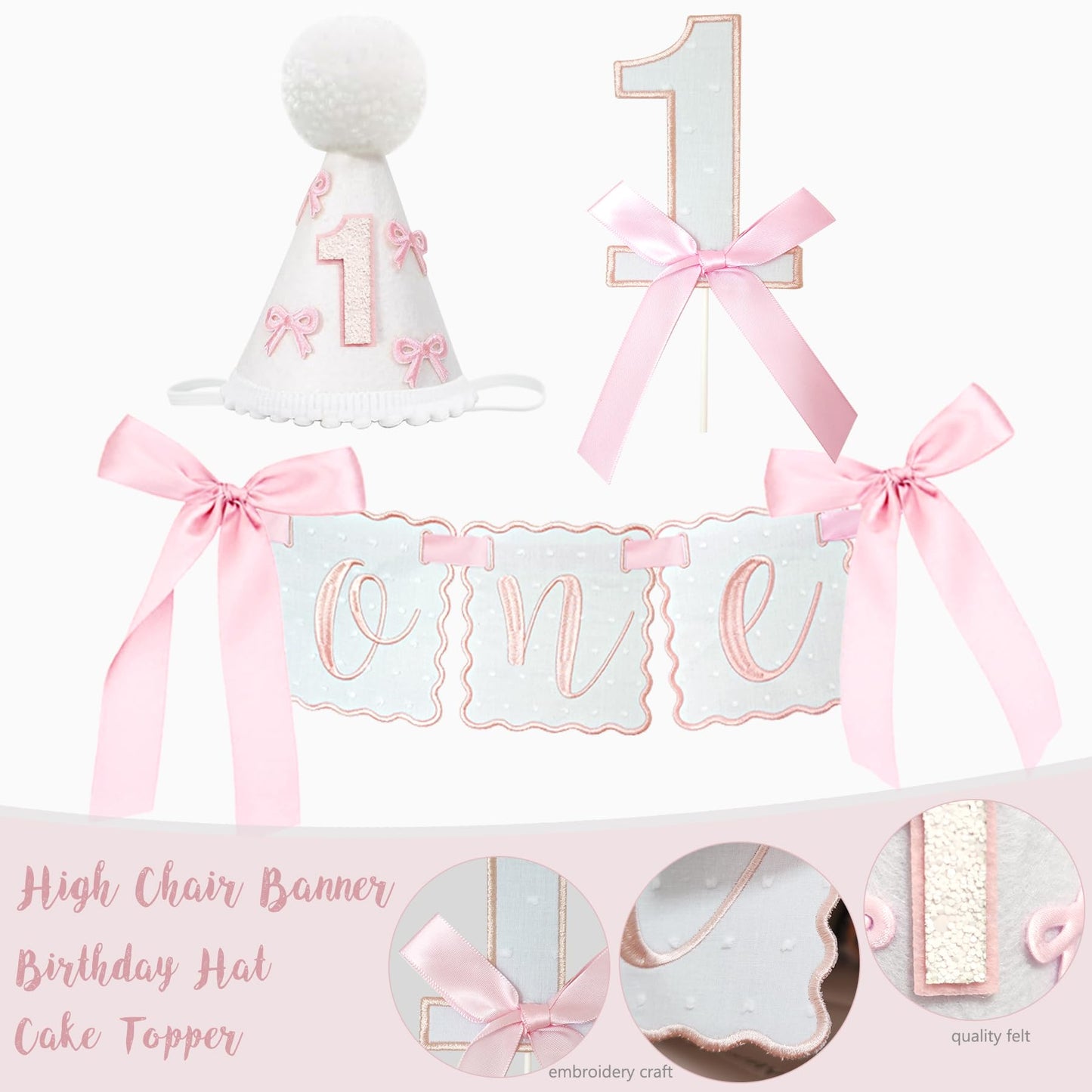 Pink Bow 1st Birthday Decorations, First Birthday Party Supplies for Girl, Pink White Balloon Arch Balloon Box Girls Just Wanna Be One Backdrop High Chair Banner