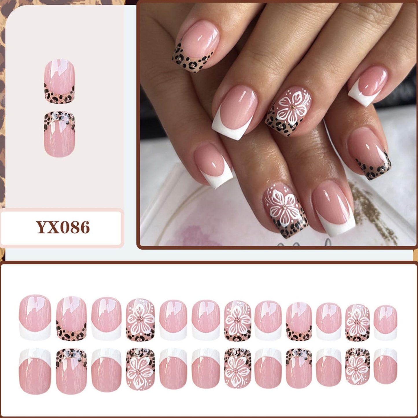 French Tip Press on Nails Short Square Fake Nails Pink Full Cover False Nail Press ons White & Leopard Print Glue on Nail with Flower Designs Glossy Artificial Acrylic Manicure Set for Women 24Pcs
