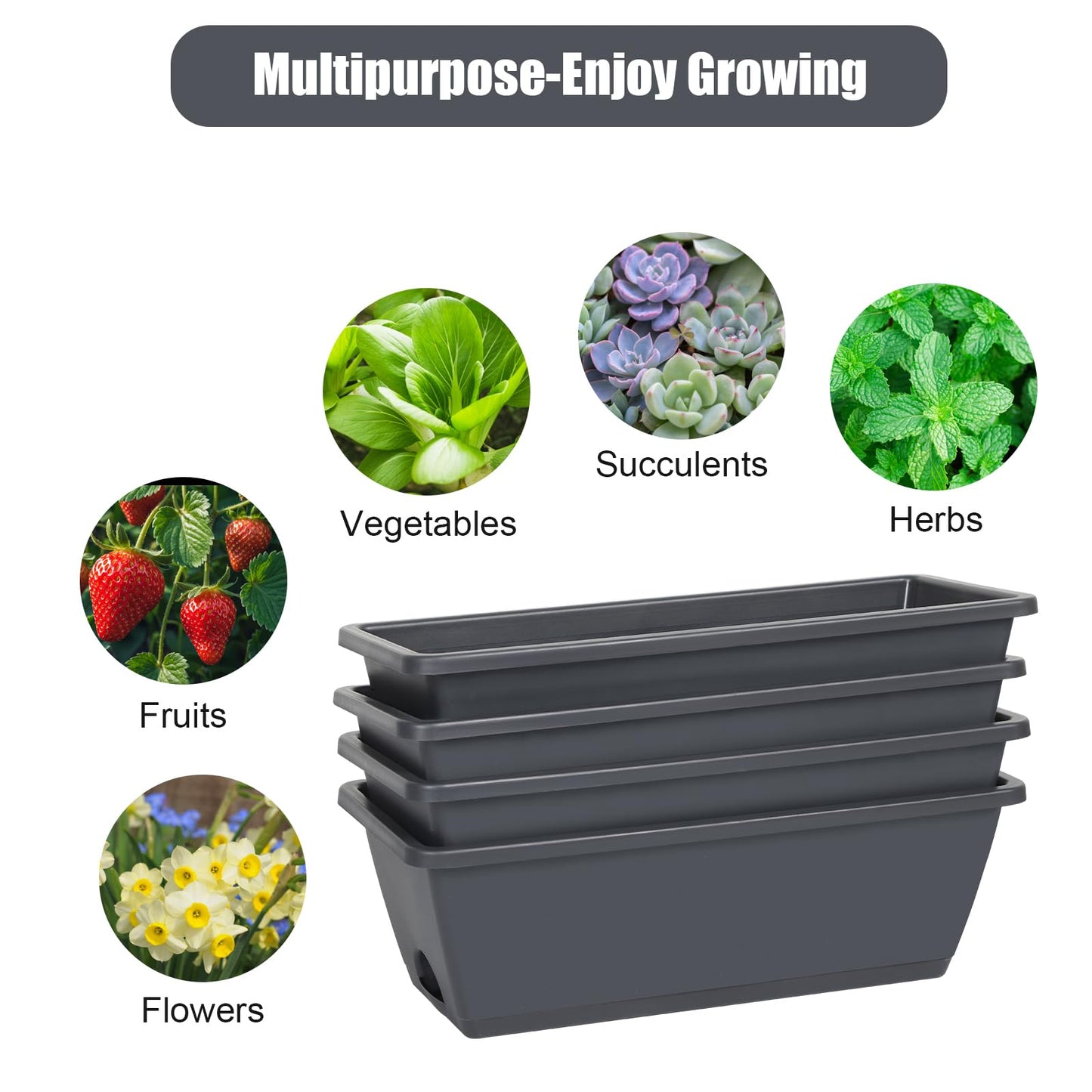 Deck Railing Planter Boxes 2 Tier Grey Window Boxes Planters Set of 2 with 4 Pack Rectangular Planter 16.9 Inch Outdoor Balcony Hanging Planters with Adjustable Brackets for Garden Porch Patio