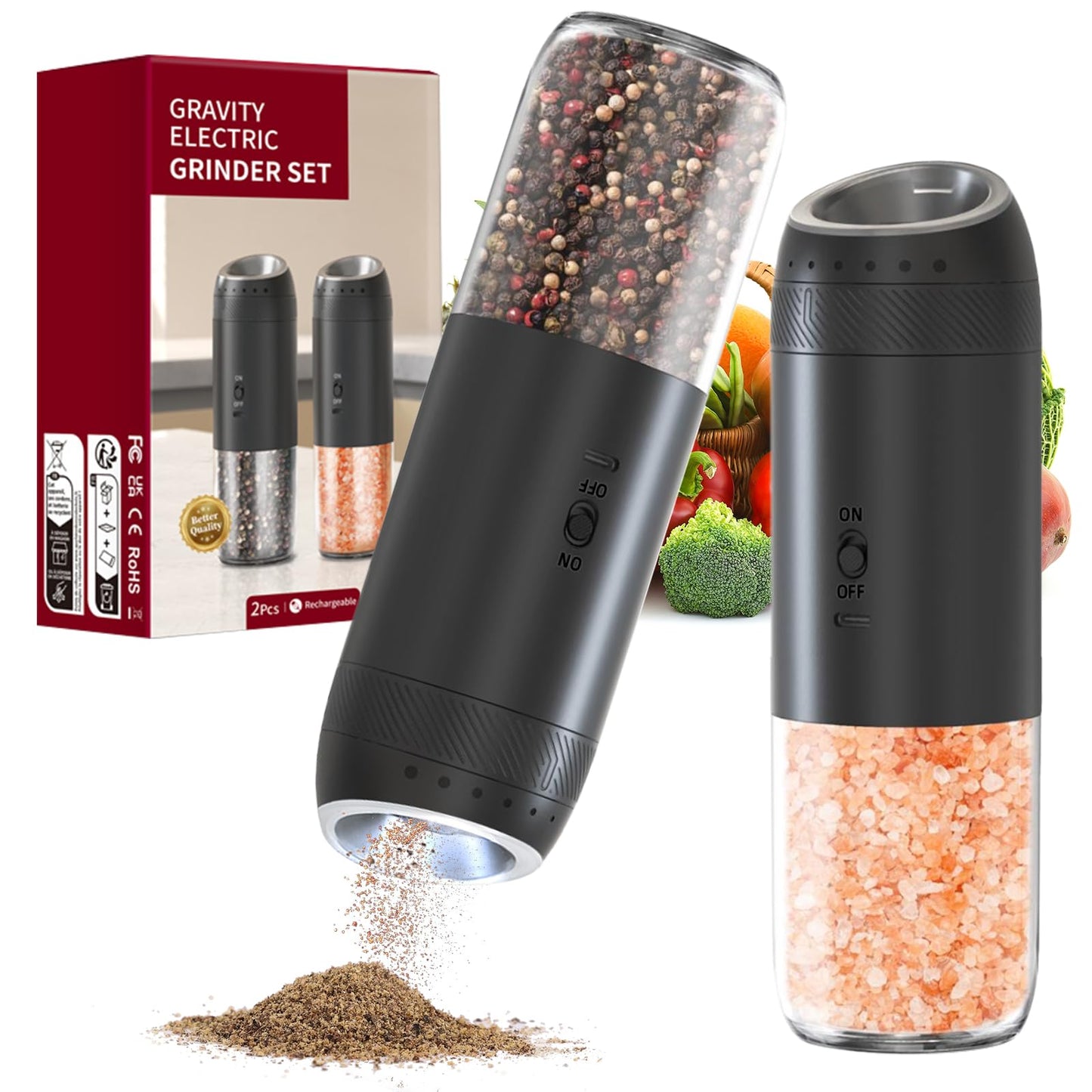 Gravity Electric Salt and Pepper Grinder Set Rechargeable, External Adjustable Coarseness, Automatic Salt and Pepper Shakers Mill with LED Light, 6oz/176ml Large Capacity, House Warming Gifts (2 Pack)