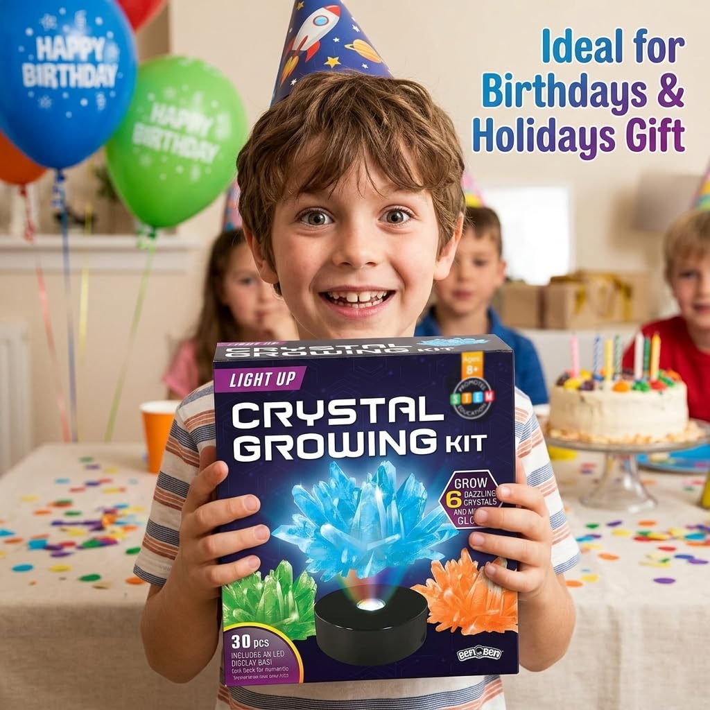 BenBen Light Up Crystal Growing Kit for Kids - Grow 6 Vibrant Crystals - STEM Science Experiments DIY Kit with LED Display Night Light Base - Educational Toys Birthday Gifts for Boys Girls Age 8-12