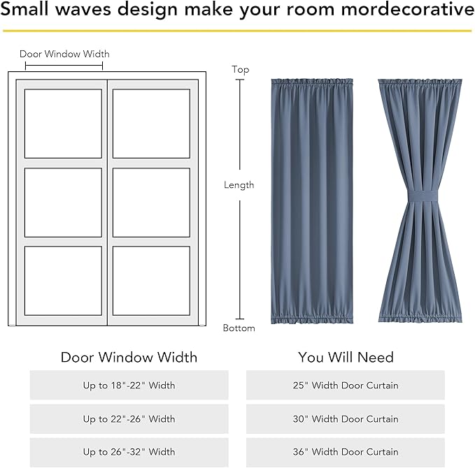 NICETOWN 100% Blackout French Door Curtains, Privacy Door Curtains for Window, 25 X 72 Inch Long Room Darkening Blinds, Thermal Insulated Window Shades for Bedroom, 1 Panel, Stone Blue