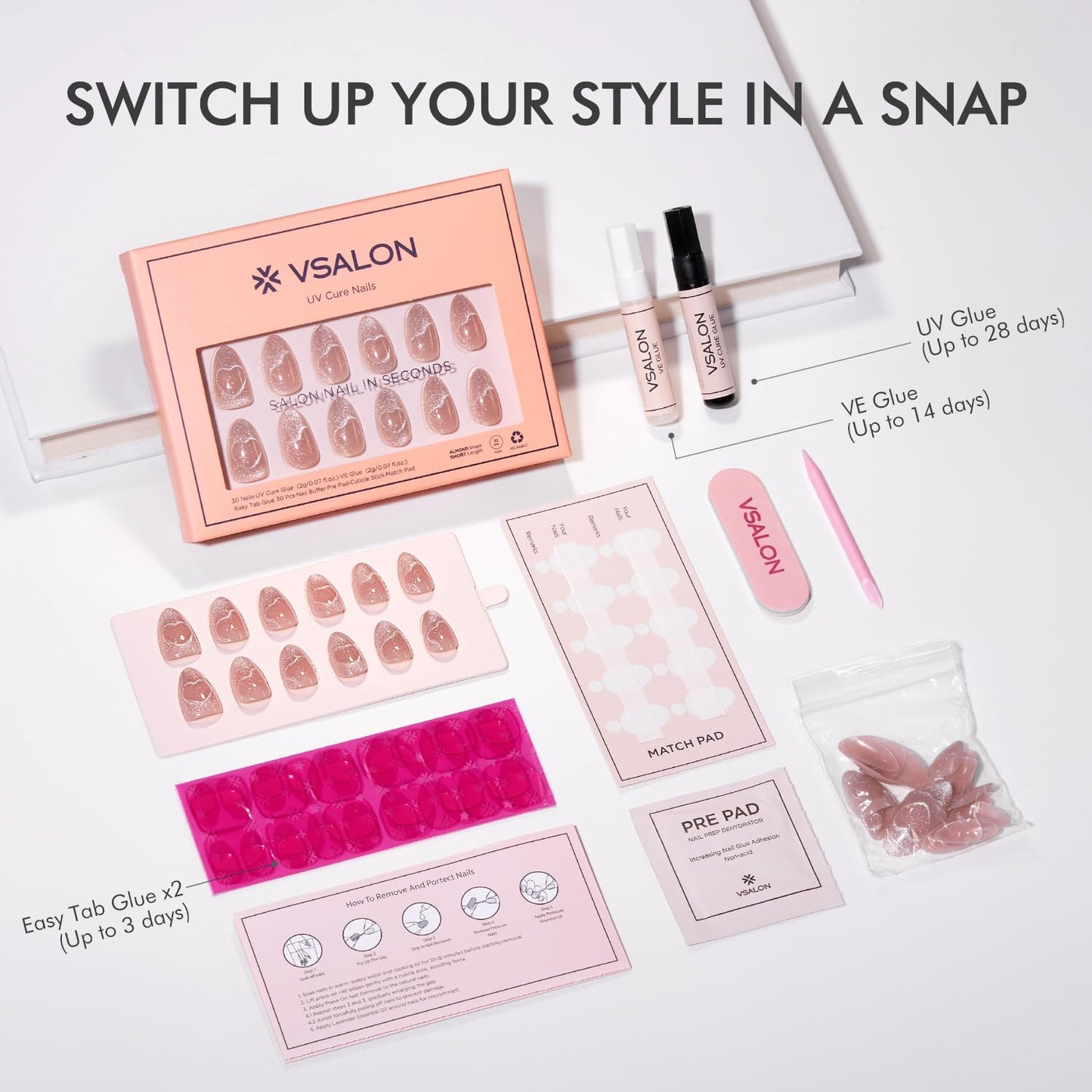 VSALON Press On Nails Short Almond, Nude Pink Cat Eye Press On Nails Neutral Sparkly Spring Fake Nail With UV Glue On Nail Kit, Reusable Salon Quality Summer Stick On Nails 32 Pcs 16 Sizes