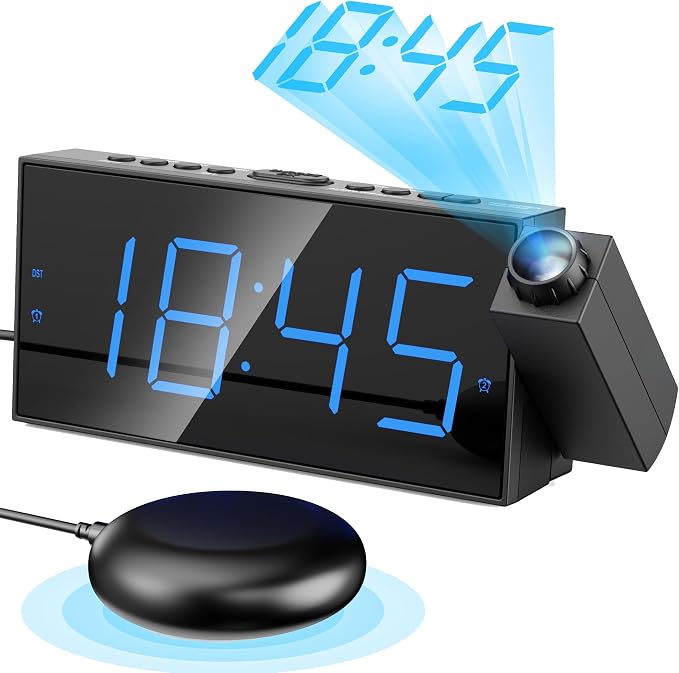 Mesqool Projection Alarm Clock with Loud Bed Shaker, Dual Alarms | 5-level Dimmer, USB charger, Snooze & DST, Loud Vibrating Alarm with Battery Backup, Perfect for Heavy Sleepers