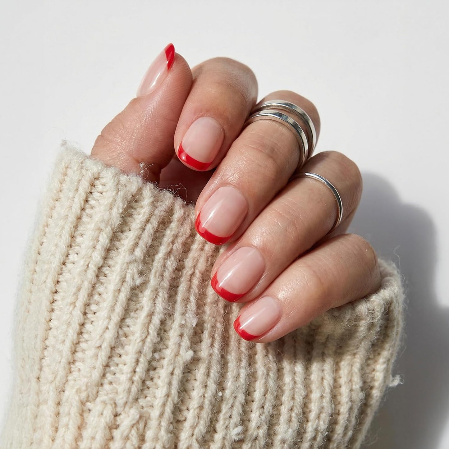 Glamnetic Press On Nails - Hotline Red | Super Short Fake Nails in Fiery Red French Tips on Semi-Transparent Base in a Glazed Finish | 15 Sizes - 30 Nail Kit with Glue