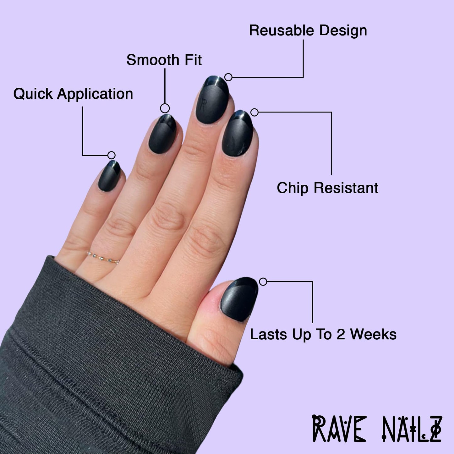 Rave Nailz Midnight French Tip Press On Nails (24 Count) | Matte Black 3D False Oval Press On Nail Short with Glossy Tip | Chip-Resistant Fake Nails with Glue, Includes File, Long-Lasting 2+ Weeks