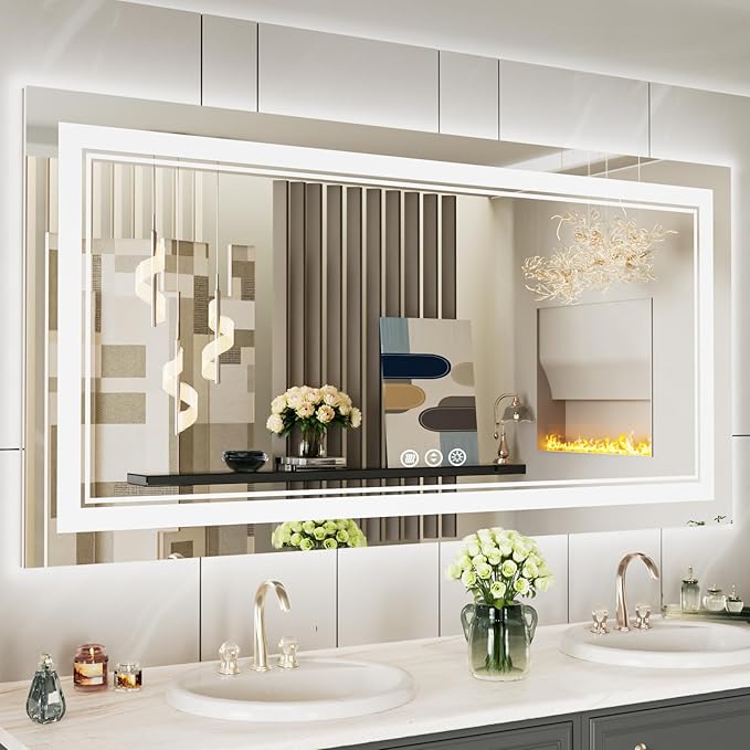 60x30 Inch LED Bathroom Mirror with Lights, Backlit and Front Lighted Bathroom Mirrors for Wall, Anti-Fog Dimmable Memory Shatterproof LED Vanity Mirror for Bathroom