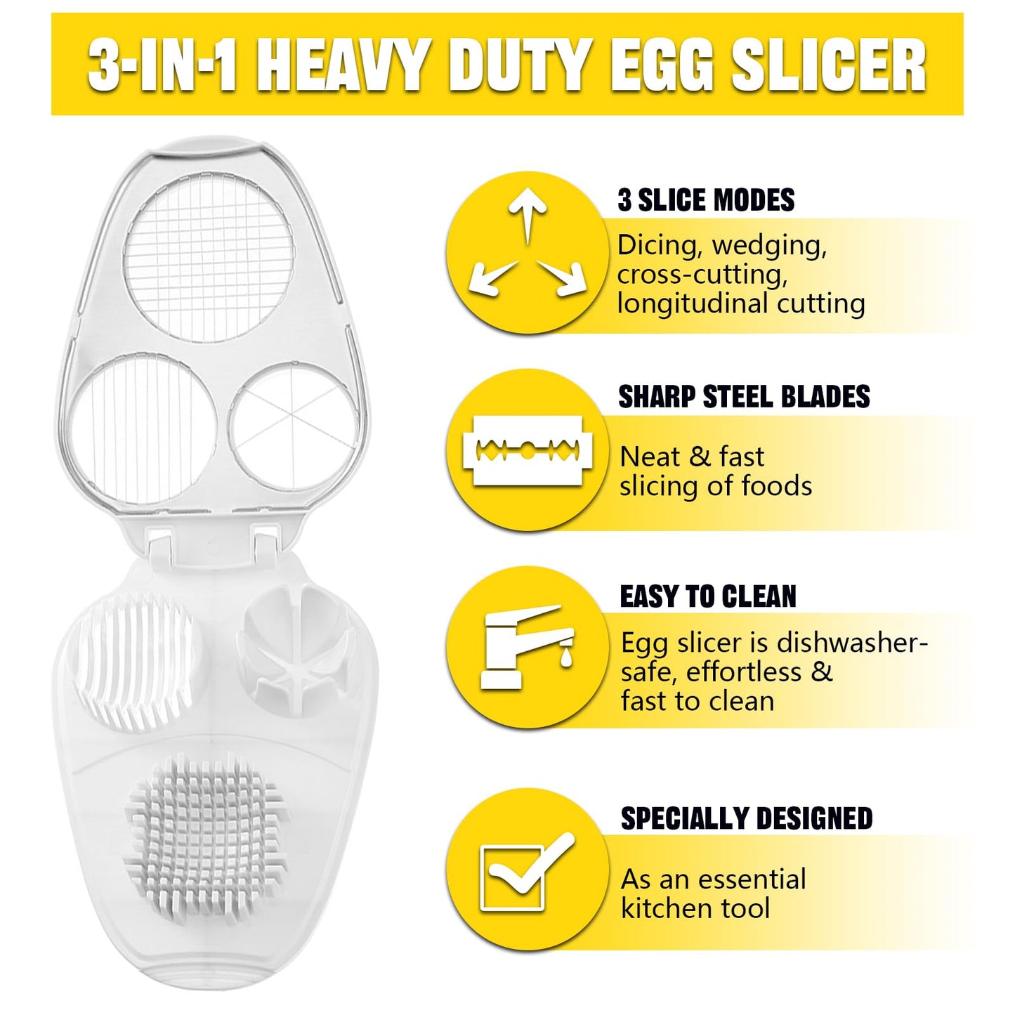 3 In 1 Egg Slicer for Hard Boiled Eggs Heavy Duty with Boiled Eggs Peeler & Cleaning Brush, Egg Cutter with 3 Slice Modes for Strawberry, Tomato, Mushroom, Multifunctional Kitchen Tools