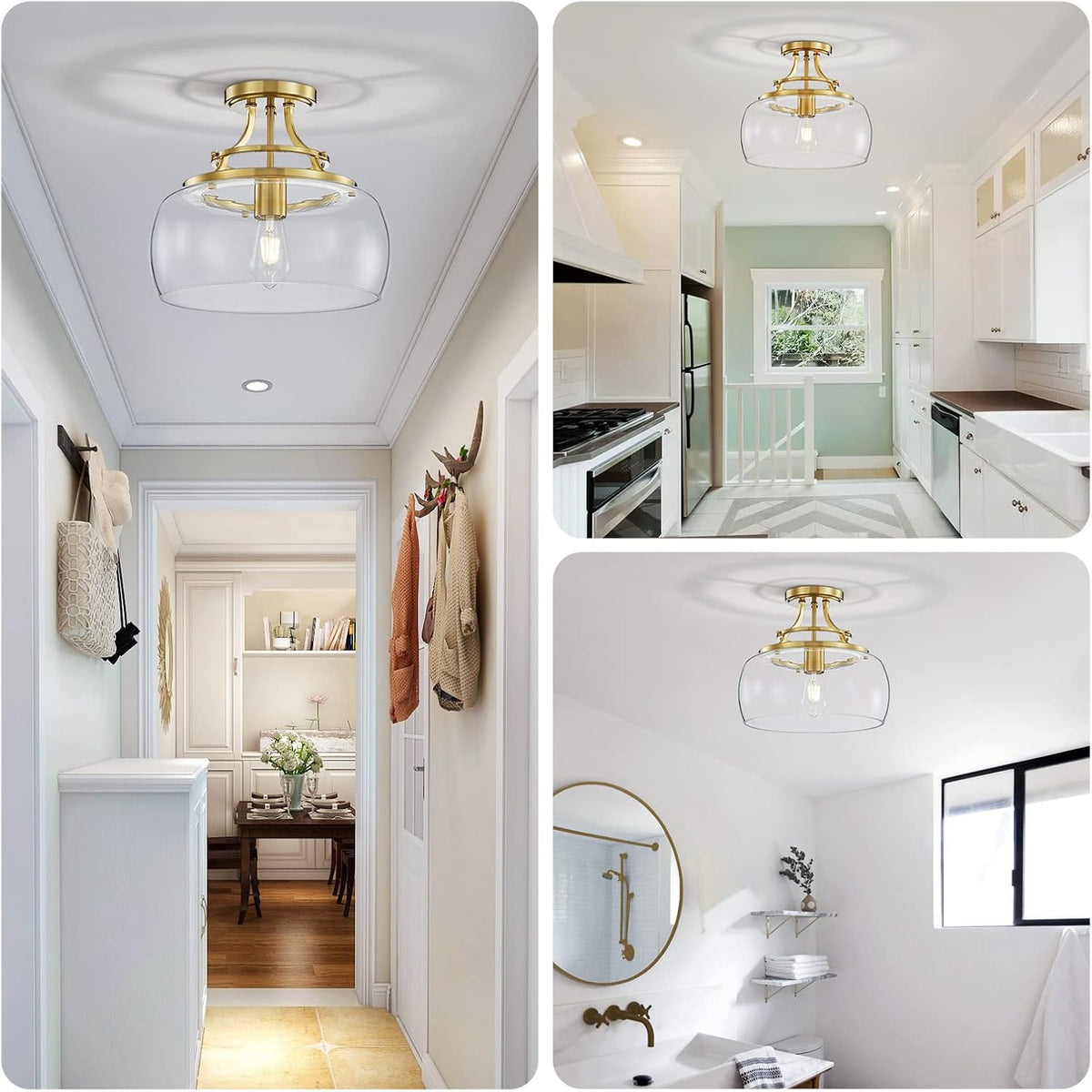 WUZUPS Chandelier Rustic Farmhouse Industrial Round Semi-flushmount Ceiling LED Light Fixture with Clear Glass Shades for Bathroom Kitchen Foyer Entryway, H 11.8" x W 13.4", E26 Base, Brushed Gold
