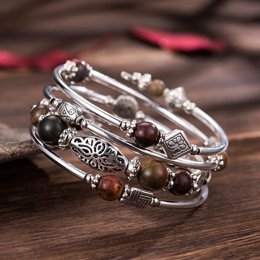 BULINLIN Layered Wrap Bangle Turquoise Bracelet - Bead Bracelet with Natural Agate Stone, Gifts For Women (06-Picasso)