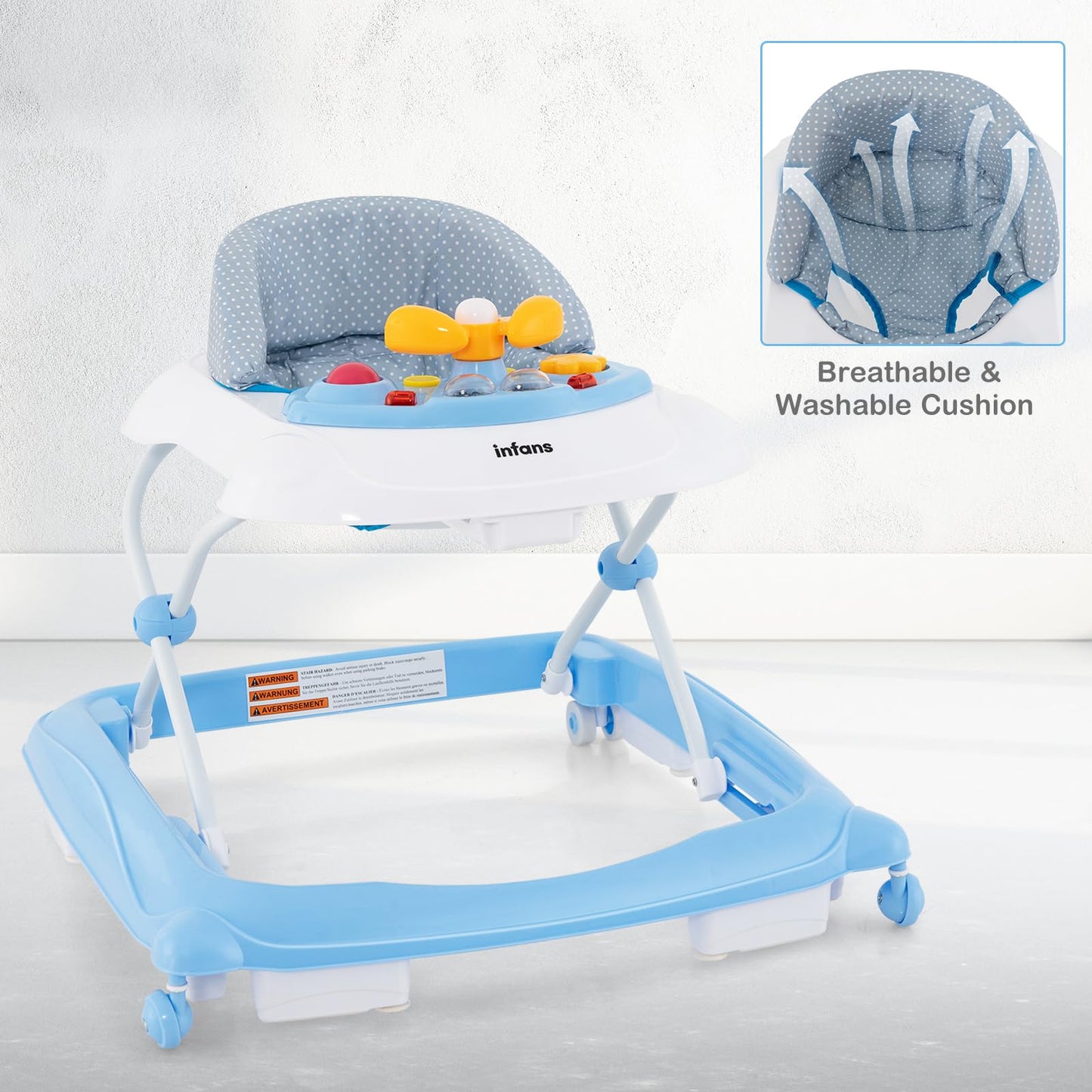 INFANS Foldable Baby Walker, 3 in 1 Toddler Walker Leaning-Seated Walk-Behind with Removable Music Tray, Adjustable Height, Washable Seat Cushion for Boys and Girls (Wave Point)