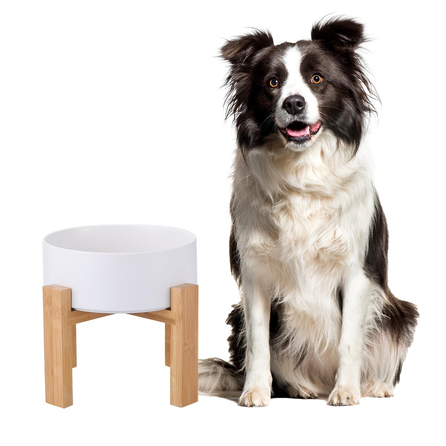 Raised Ceramic Large Dog Bowl - Heavy Weighted Dog Dish with Bamboo Stand - Elevated for Comfortable Feeding - 8.3" W x 8" H - 4.5 Cups (68 fl oz) - White