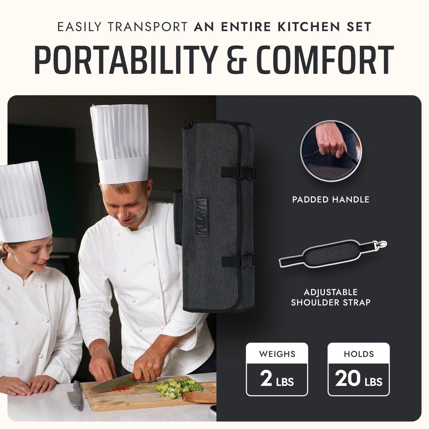 Asaya Waxed Nylon Chef Knife Roll Bag with 20 Slots and Zippered Pockets - Professional Chef Knife Bag & Storage Case, Tool Carrier with Shoulder Strap - Knives Not Included (Black)