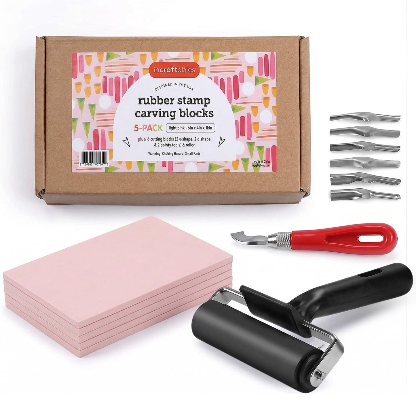 Incraftables Linocut Block Printing Kit for Stamp Making - 5 Soft 4"x6" Rubber Blocks, 6 Carving Blades, & Brayer Roller -Linoleum Block Printing Stamp Kit for Beginners, Adults Crafts