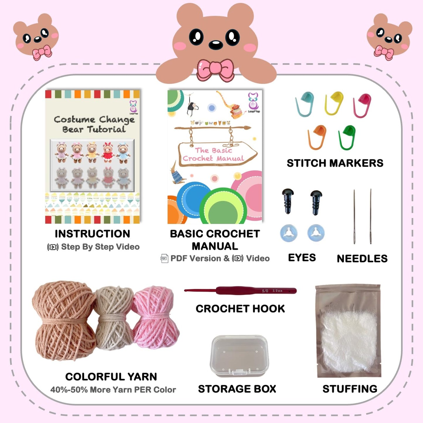 LoopMap Amigurumi Crochet Kit for Beginners with Removable Dress & Video Tutorials, DIY Bear Making Kit Includes Premium Yarn & Tools, Creative Gift for Adults Teens (Pink)